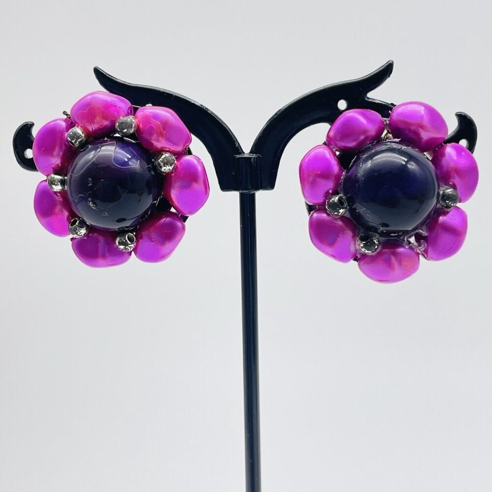 Vintage Clip On Earrings Pink and Purple Cluster Flower Cabochon Mid Century